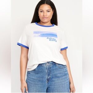 Old Navy White and Blue Graphic Short Sleeve Tee